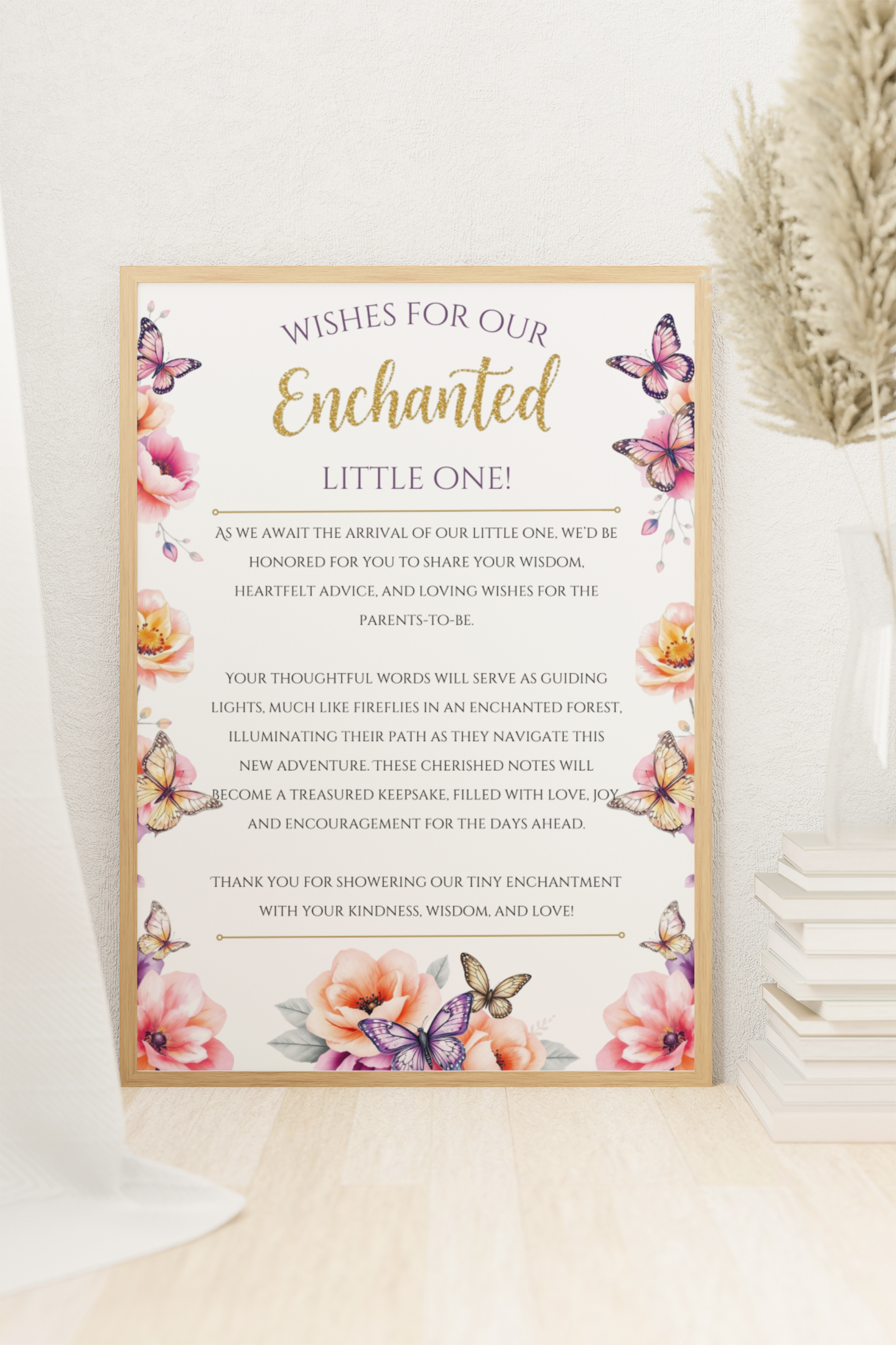 Decorative print with floral and butterfly design on a white surface