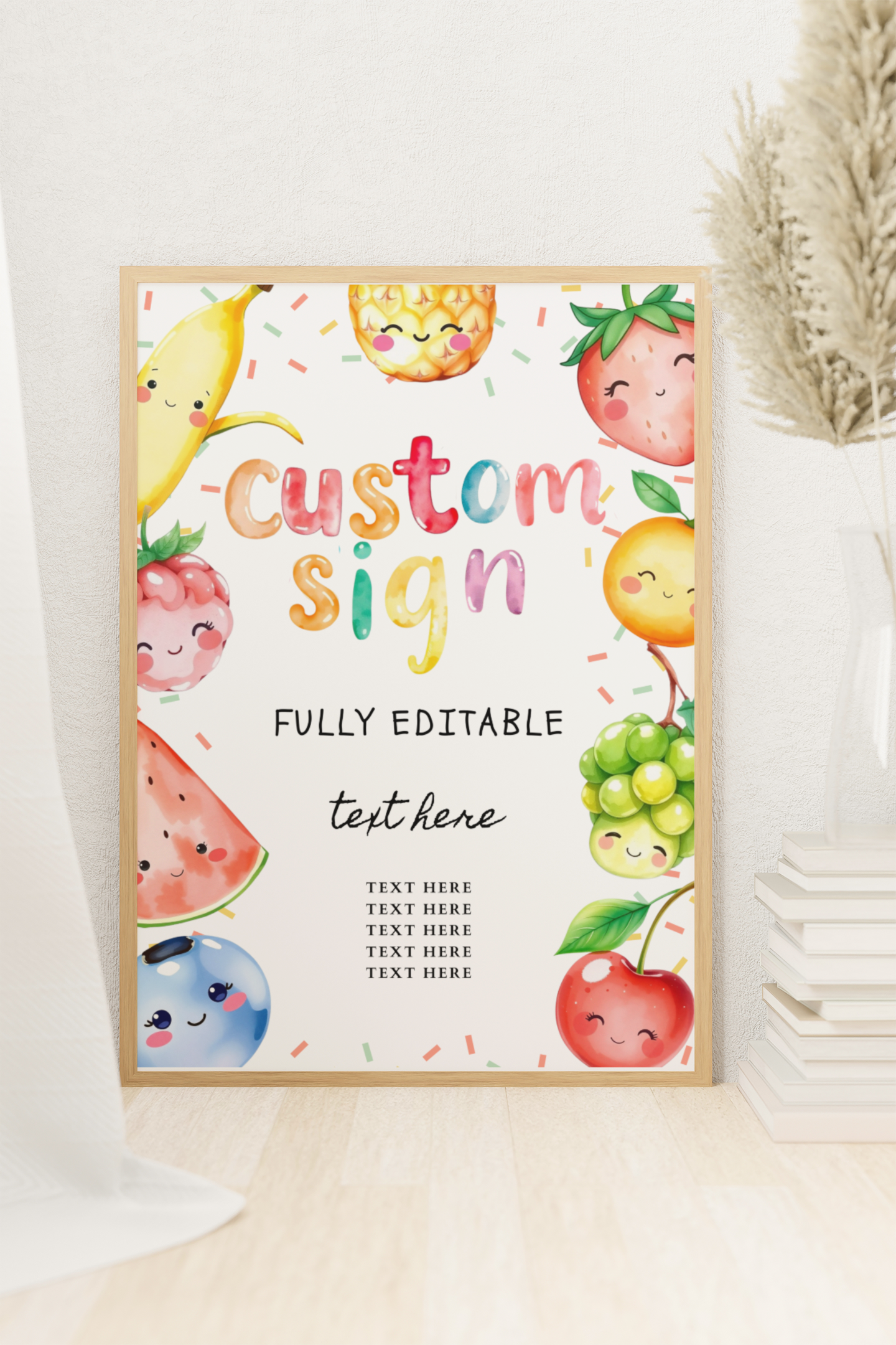 Framed customizable sign with cartoon fruits on a white surface.