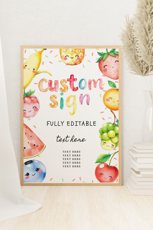 Framed customizable sign with cartoon fruits on a white surface.