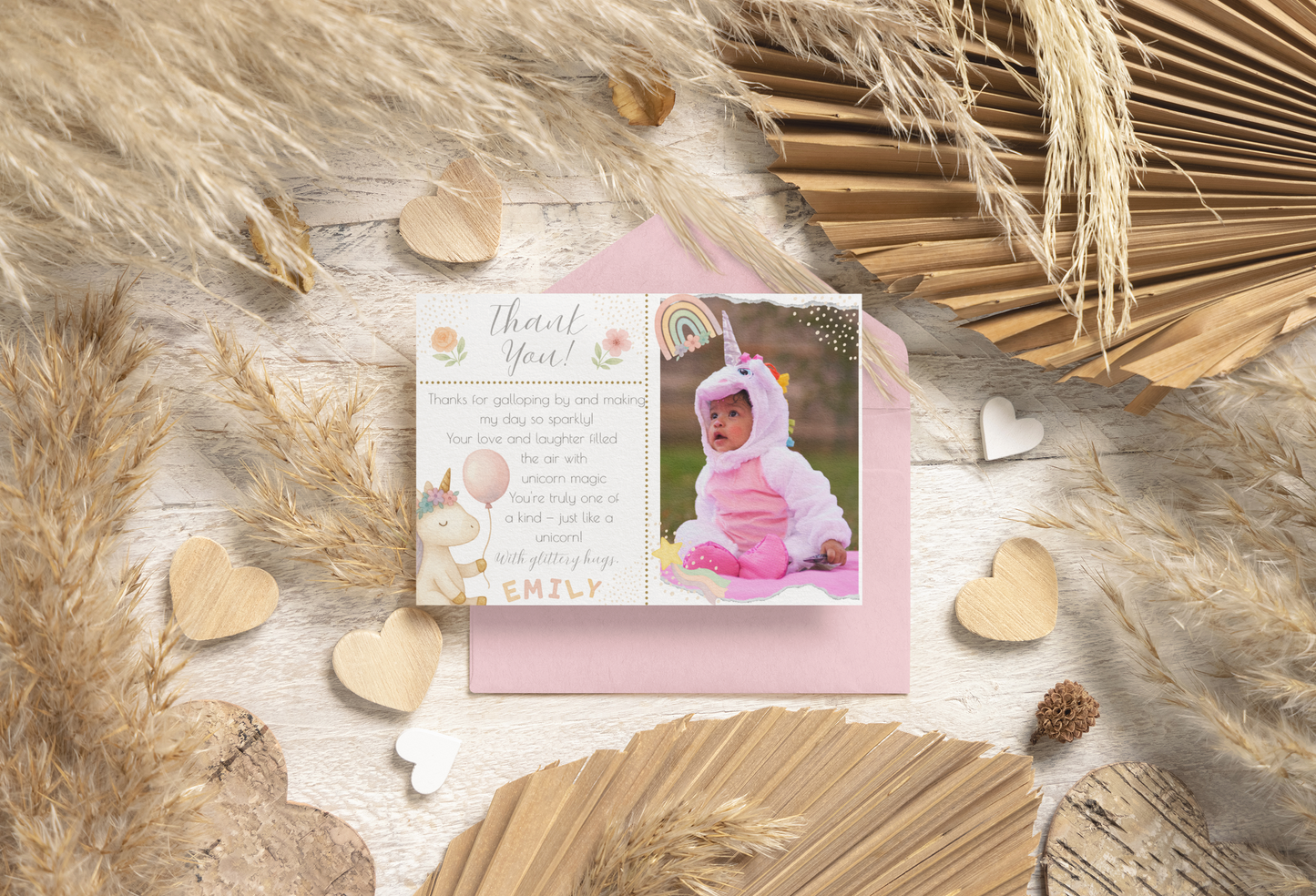 Greeting card with a child in a costume on a wooden surface with decorative elements