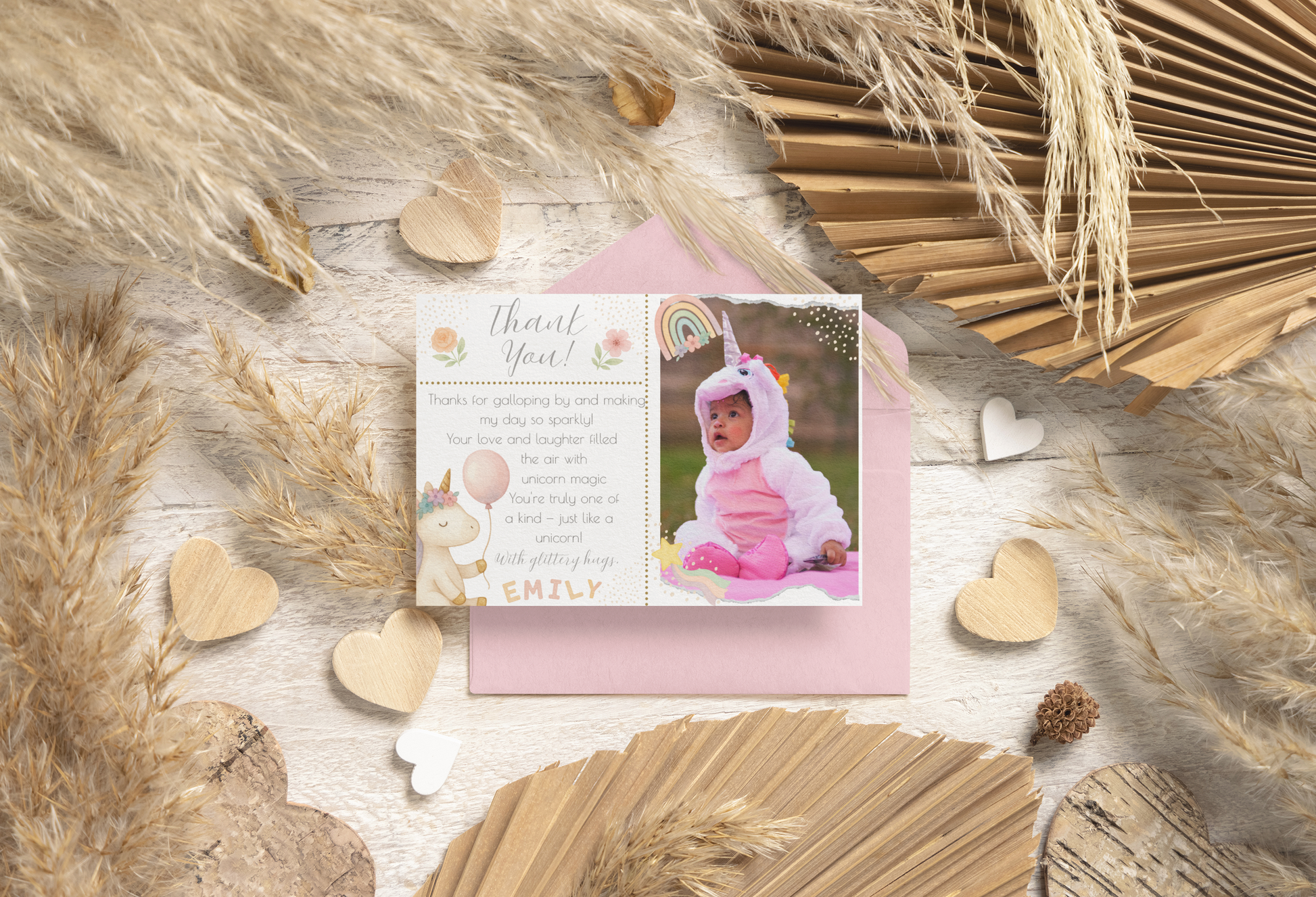 Greeting card with a child in a costume on a wooden surface with decorative elements