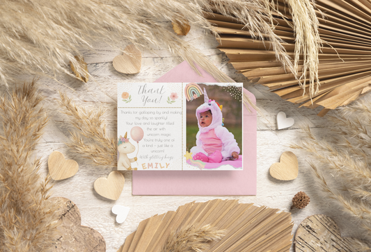 Greeting card with a child in a costume on a wooden surface with decorative elements