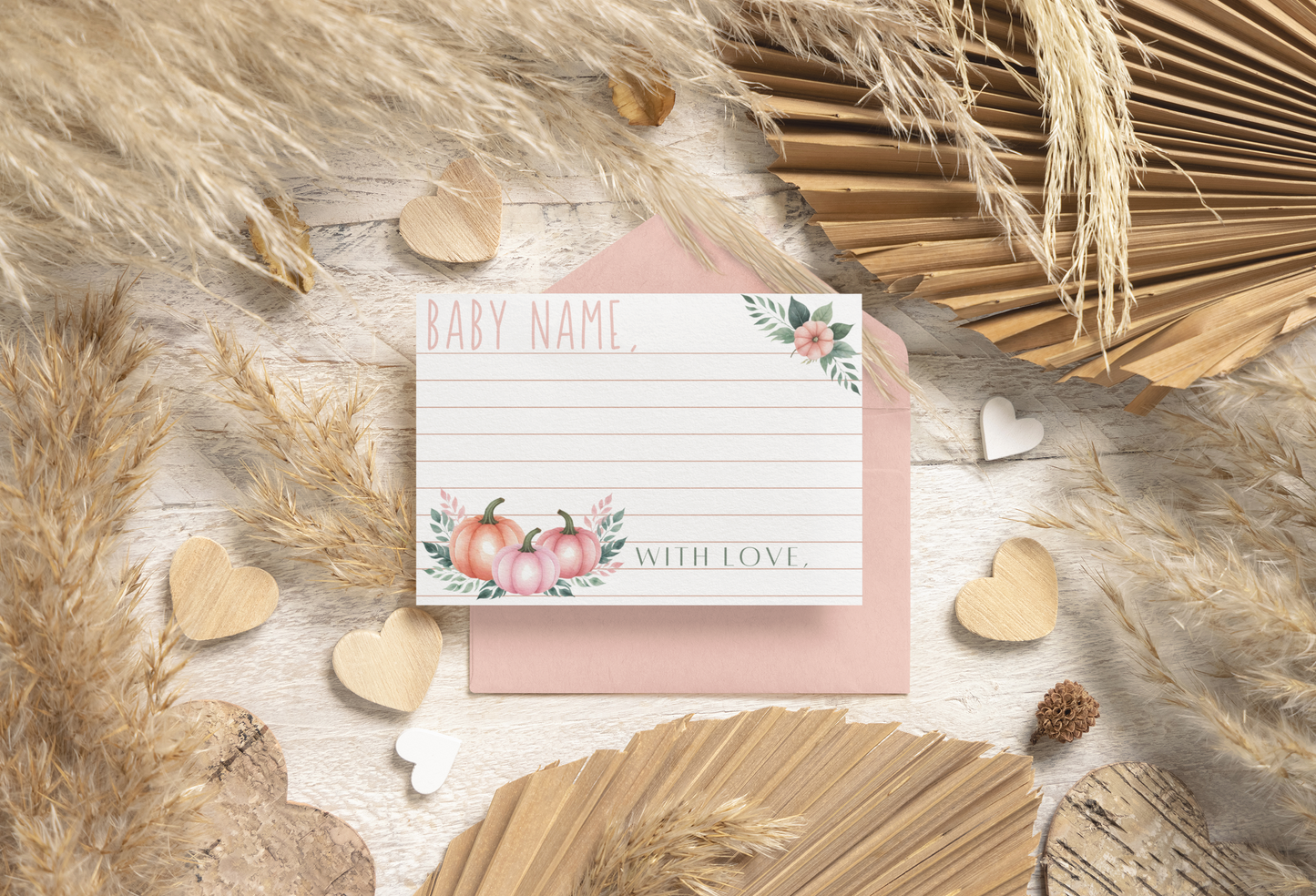 Baby announcement card with decorative elements on a textured surface
