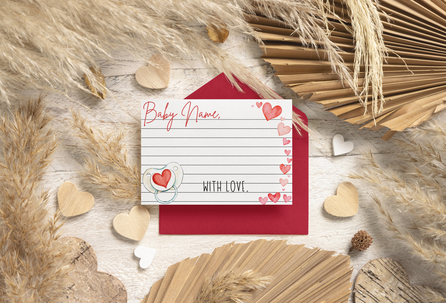 Baby announcement card with heart designs on a rustic background