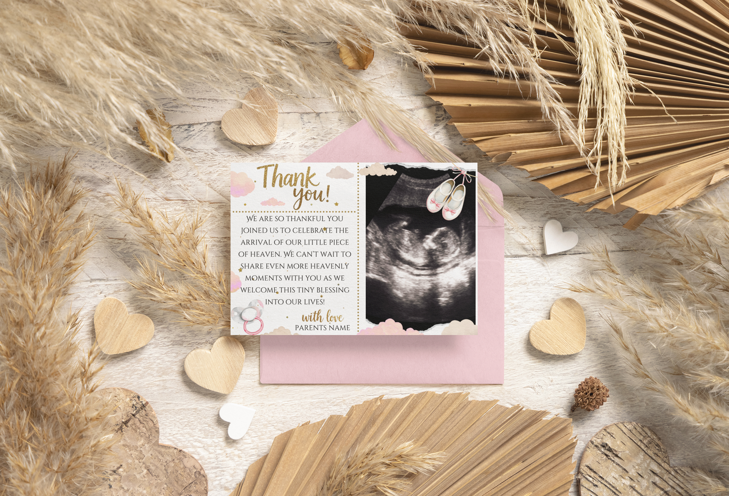 Greeting card with ultrasound photo and 'Thank you' message on a decorative background with dried plants and hearts.