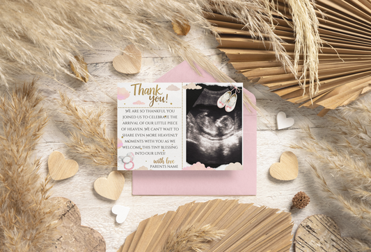 Greeting card with ultrasound photo and 'Thank you' message on a decorative background with dried plants and hearts.
