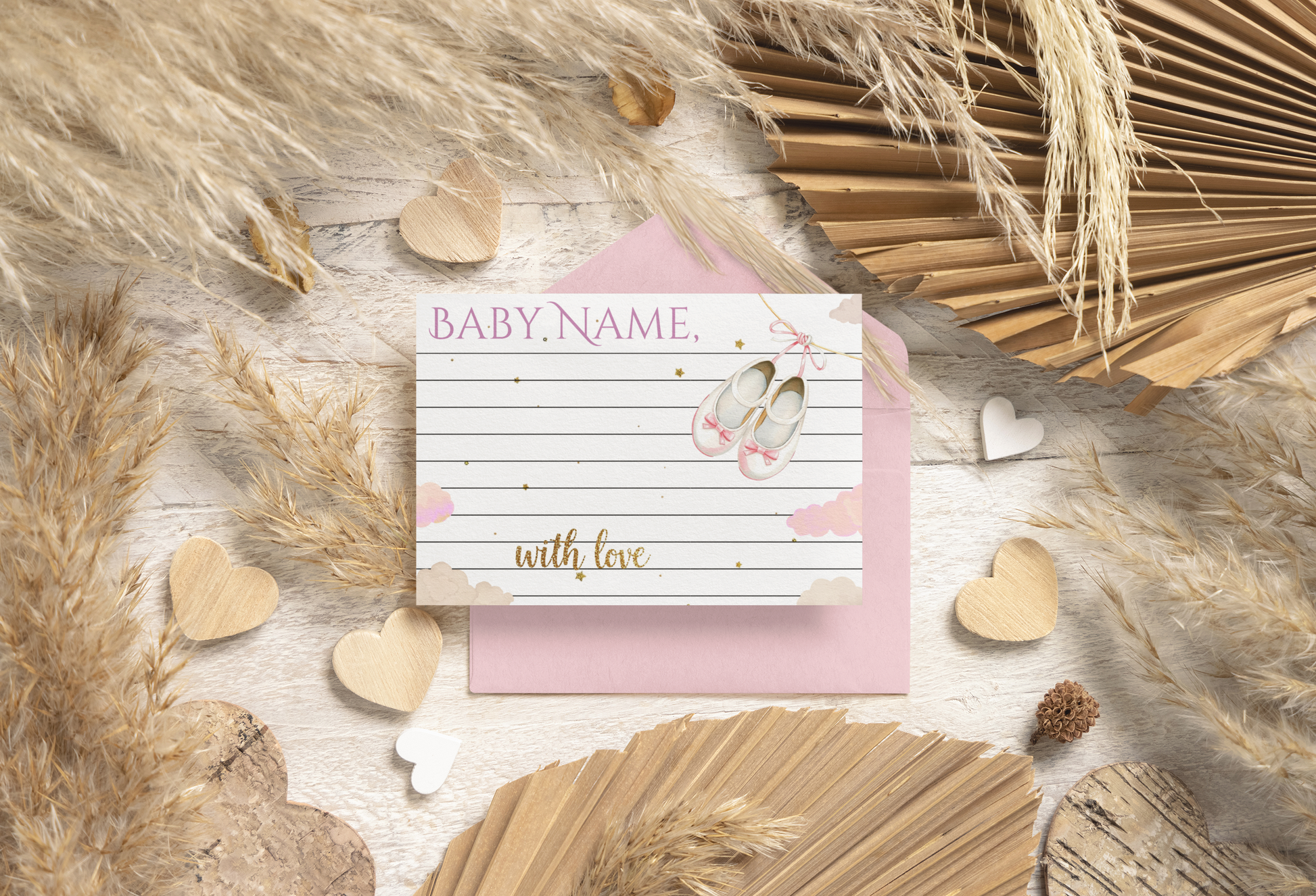 Baby shower invitation card with baby shoes design on a decorative background