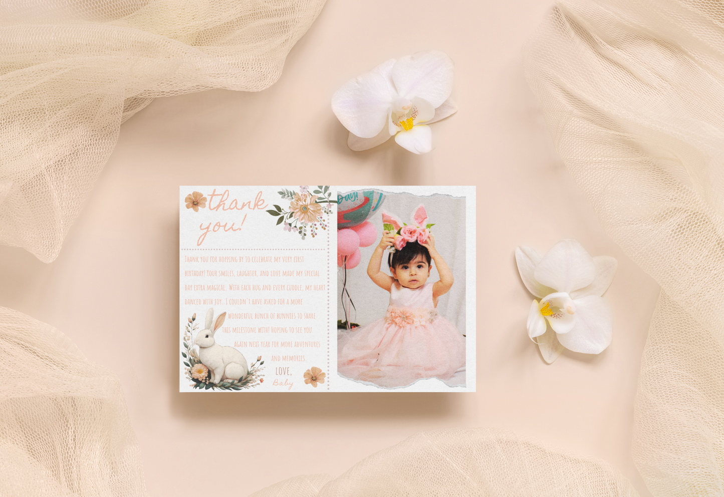 thank you card with a photo of a child and floral design on a soft beige background with flowers.