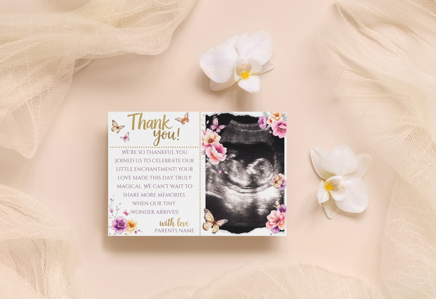 Thank you card with ultrasound photo and floral design on a soft beige background