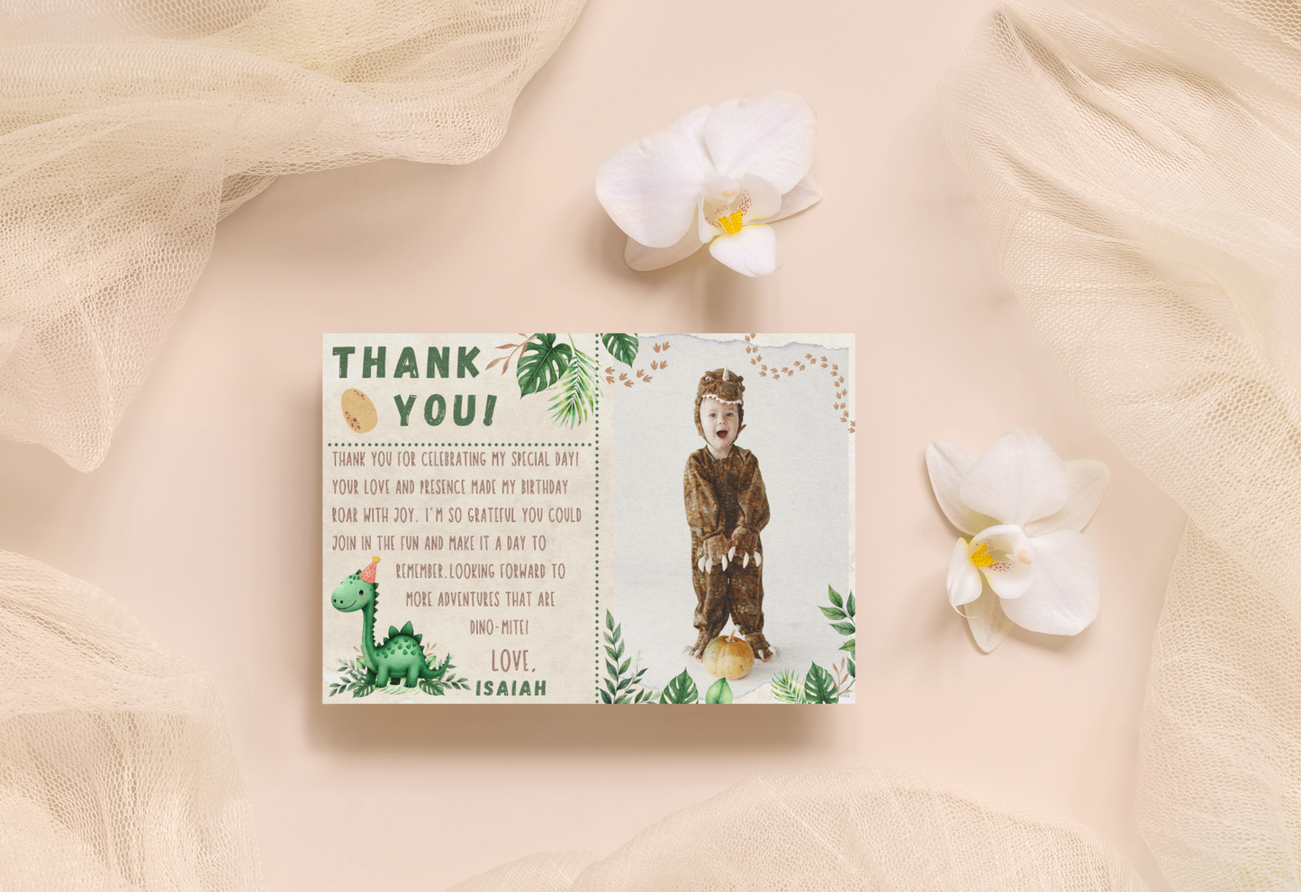Children's birthday thank you card with a dinosaur illustration on a soft beige background with flowers.