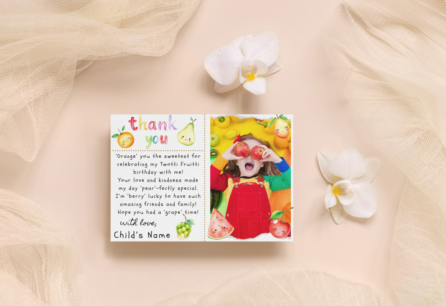 Greeting card with colorful design and text on a soft beige background