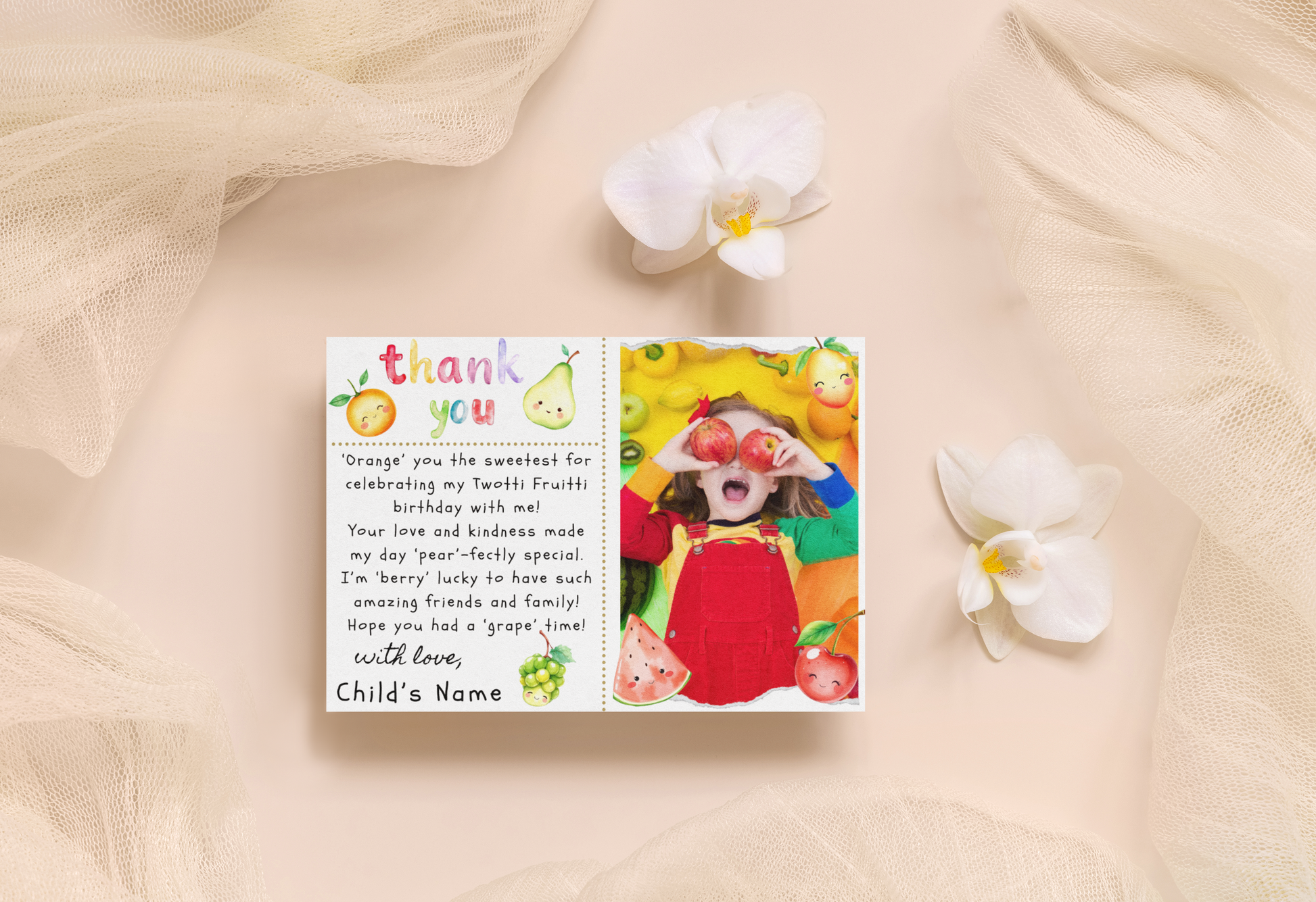 Greeting card with colorful design and text on a soft beige background